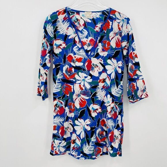 J. Crew Size XXS Blue & Red Floral 3/4 Sleeve V Neck Tissue Tunic Top Coverup - Picture 1 of 6